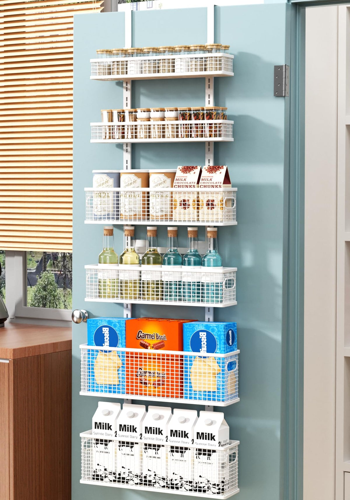 Bunoxea 6-Tier Over-The-Door Pantry Organizer front view showing large capacity for spices.