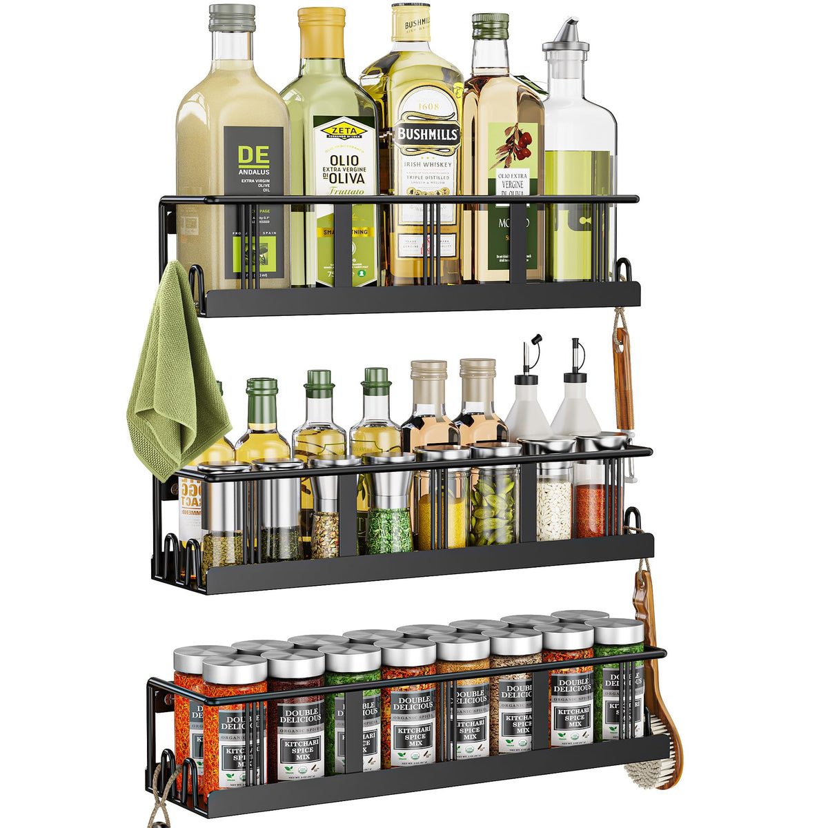 Bunoxea spice rack 3-pack assembled, showcasing compact, space-saving organization.