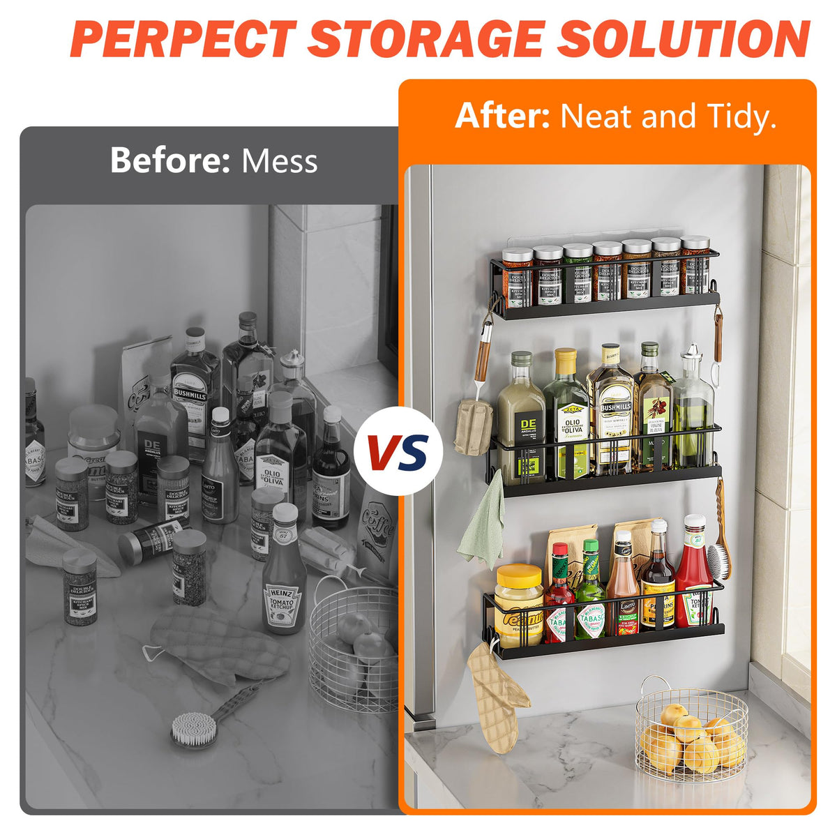 Bunoxea spice rack with adhesive option, drill-free secure installation.