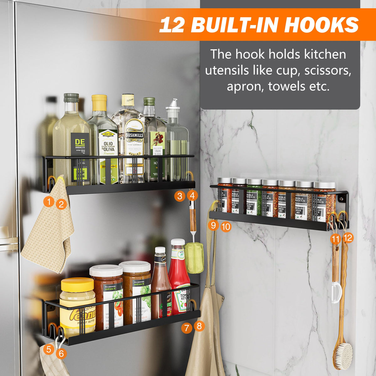 Bunoxea spice rack iron bottom and side hooks, sturdy bottle support.