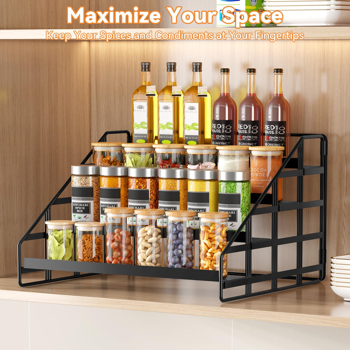 Bunoxea spice rack side view highlighting sturdy construction and rails.
