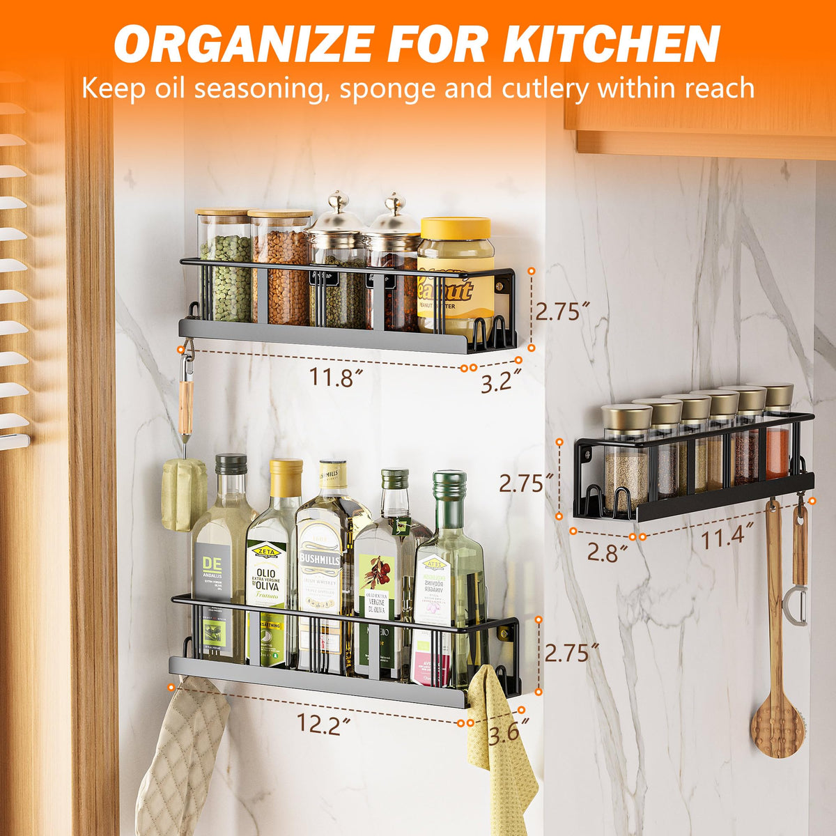 Bunoxea spice rack sleek black finish, stylishly complements kitchen decor.
