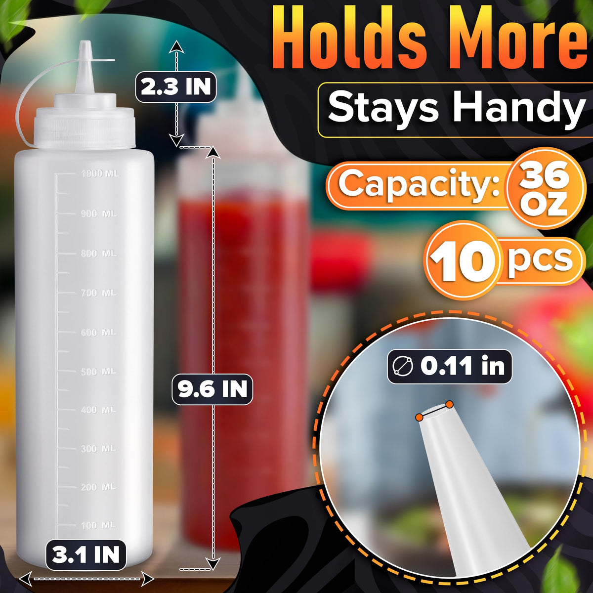 Bulk 10-pack condiment bottles ideal for prep and easy organization.