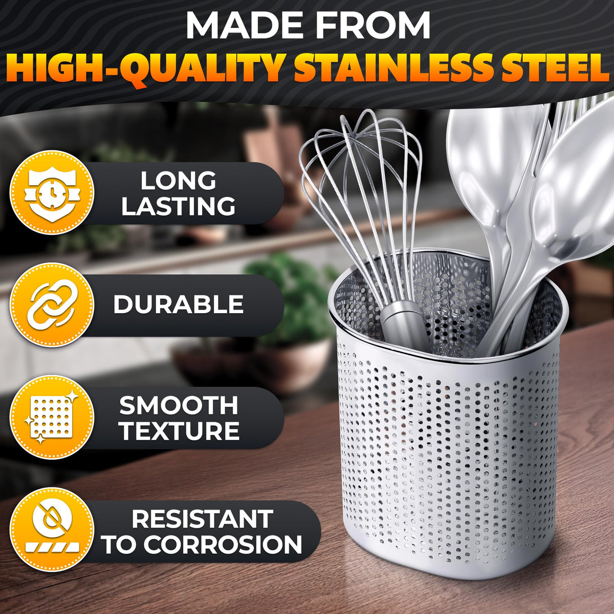 BURIUS perforated utensil caddy promotes fast drainage and drying