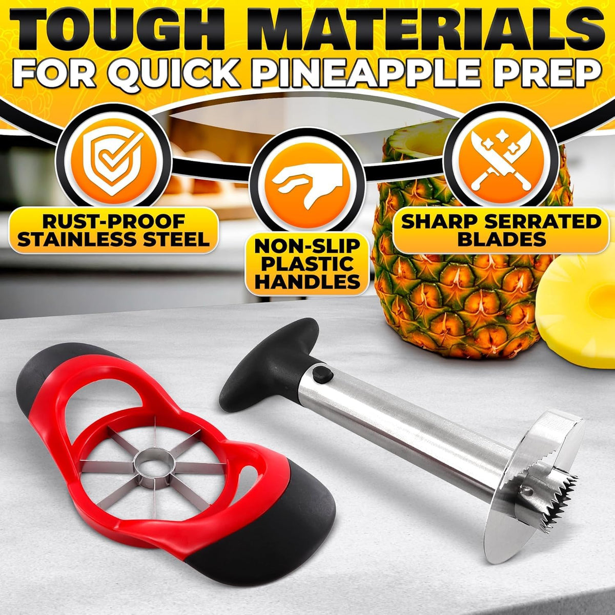BURIUS pineapple corer over a bowl catching juice for minimal mess.