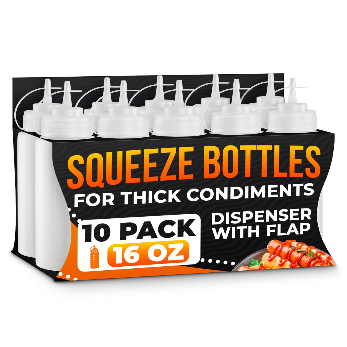 BURIUS 16 oz squeeze bottles in a 10-pack for bulk sauces and dressings