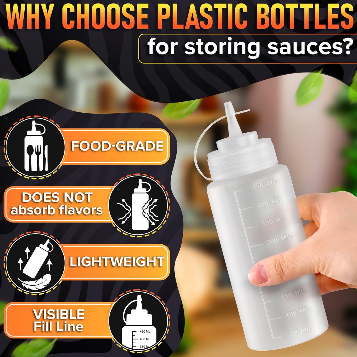 Reusable and easy-to-clean BURIUS squeeze bottle for multiple condiments