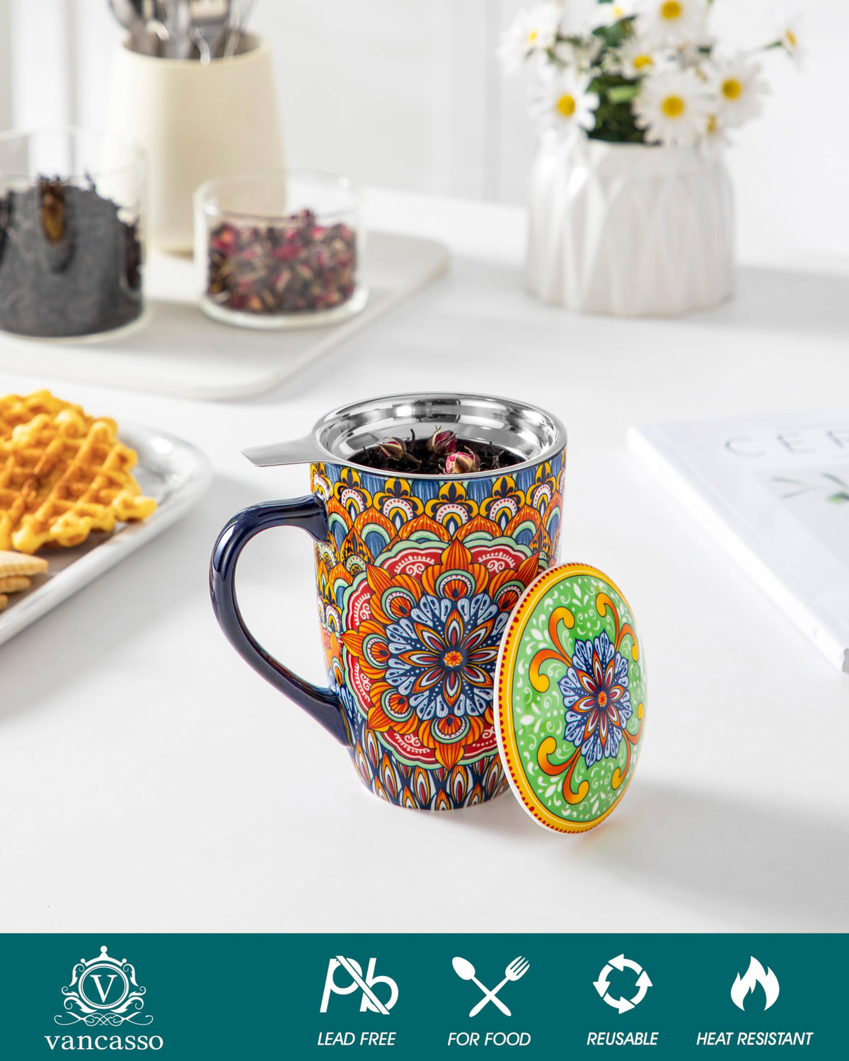 Burnt cobalt mandala design on the Vancasso tea mug adds vibrant decor.