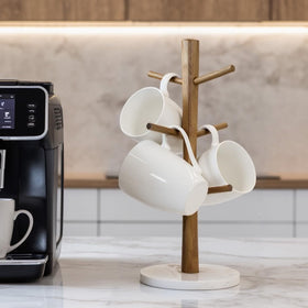 Buruis mug tree countertop stand showing six mugs neatly