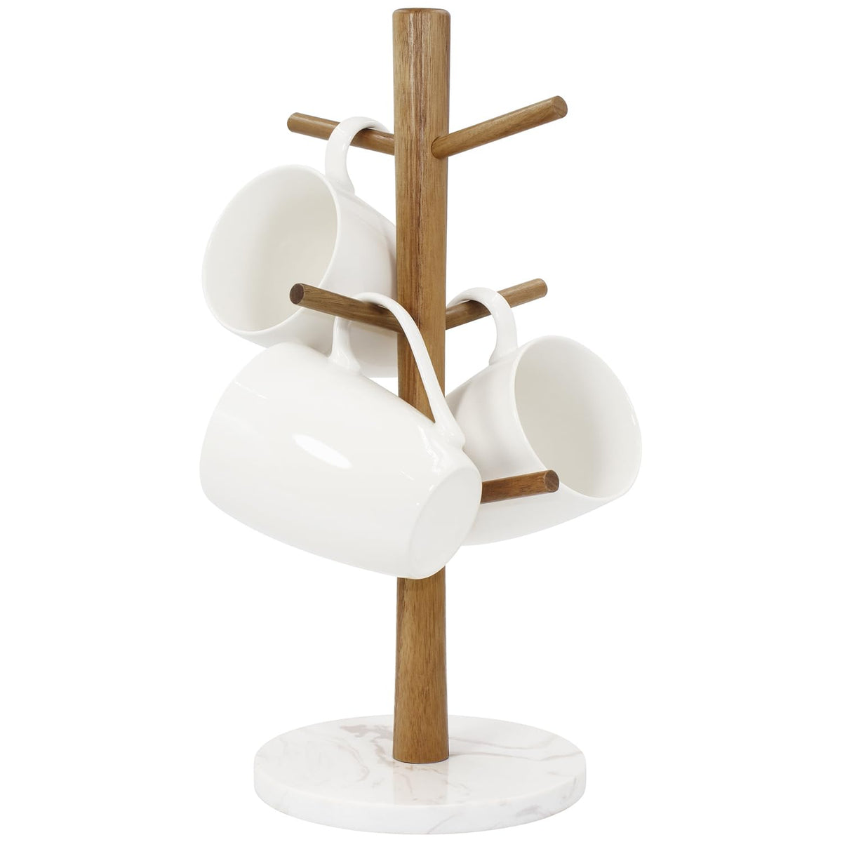 Buruis wood mug holder with marble round base displaying mugs gracefully