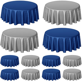 Buryeah 12-pack navy blue and silver round tablecloths for large events.