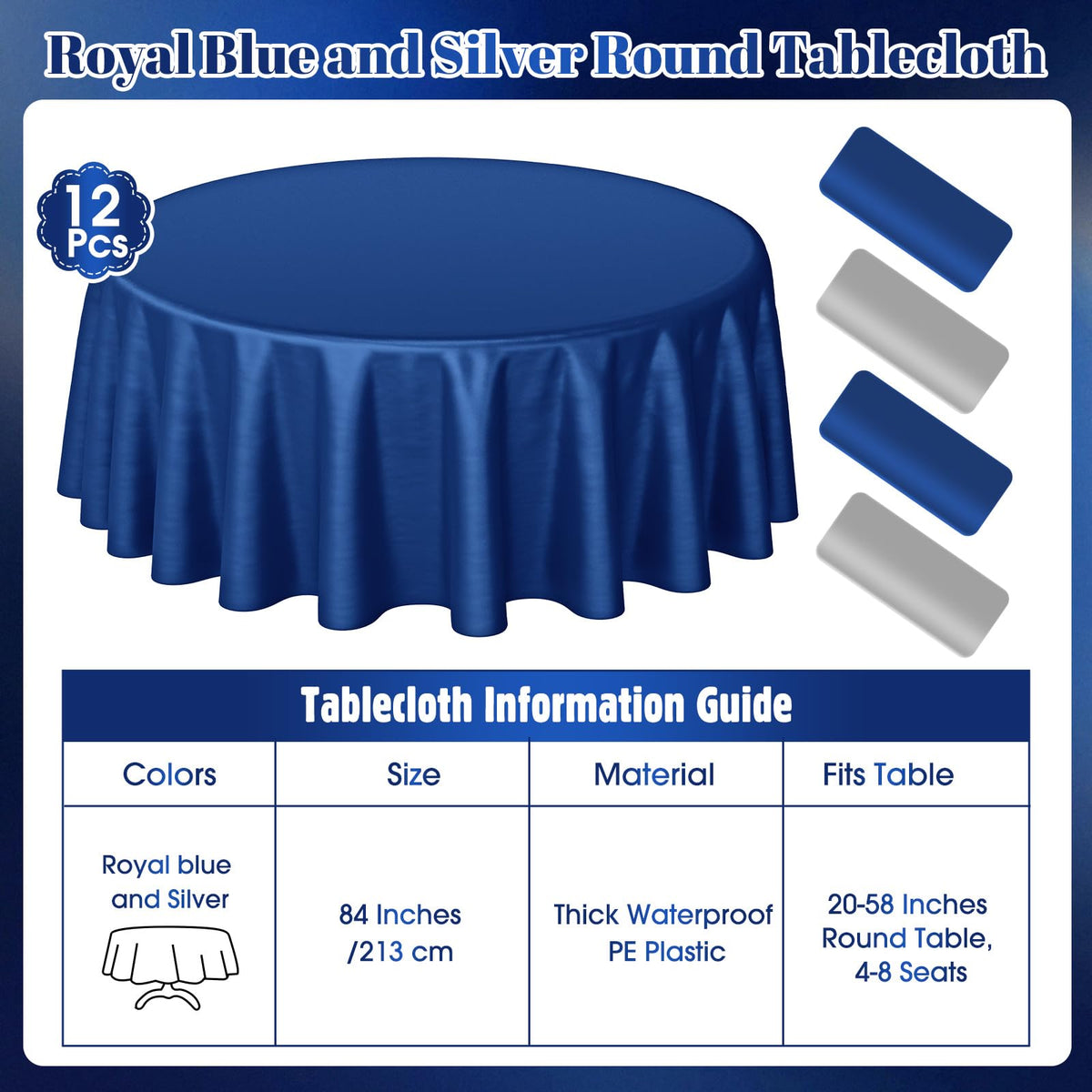 Buryeah birthday party setup featuring navy blue and silver round tablecloths.