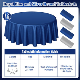 Buryeah birthday party setup featuring navy blue and silver round tablecloths.