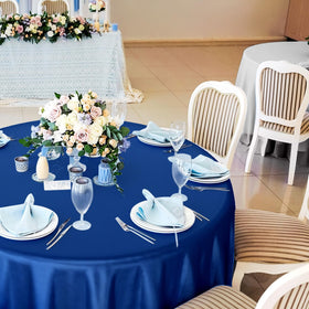 Buryeah packaged set showing six navy blue and six silver tablecloths.