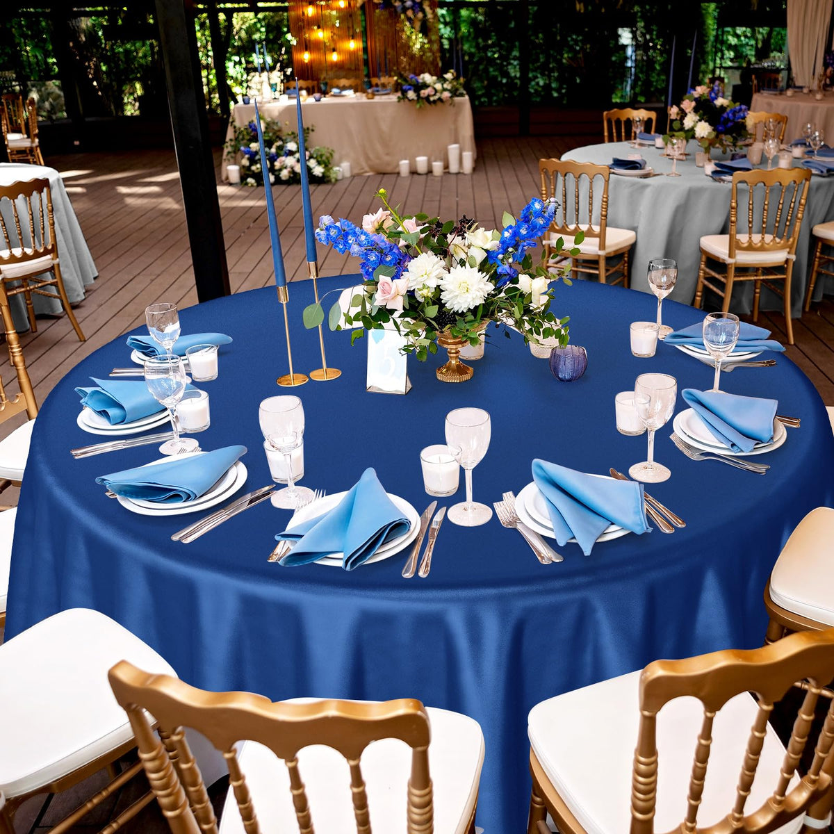 Buryeah navy blue and silver round tablecloth close-up showing waterproof material.