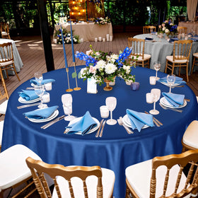 Buryeah navy blue and silver round tablecloth close-up showing waterproof material.