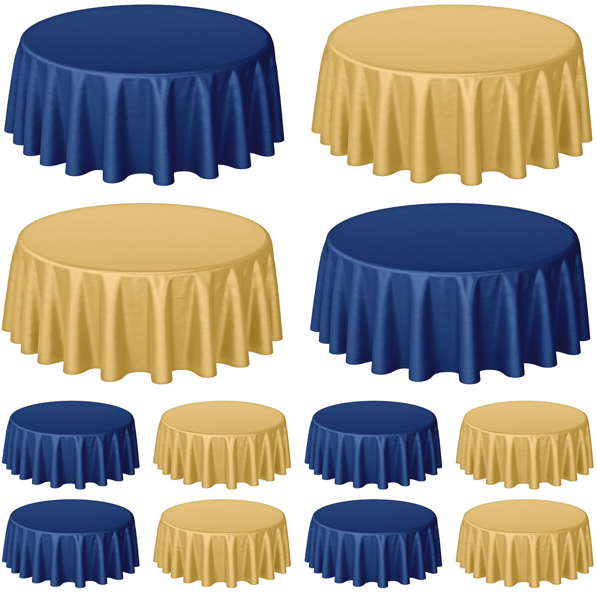 Buryeah round tablecloth in navy blue and gold covers an 84-inch table stylishly