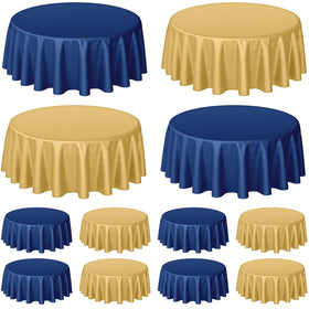Buryeah round tablecloth in navy blue and gold covers an 84-inch table stylishly