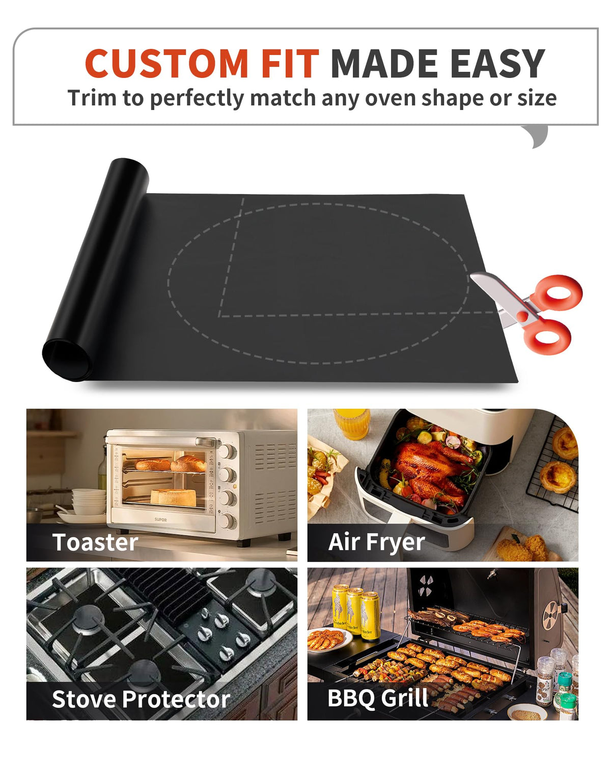 Buself oven liner cut-to-fit shown with trim line for a custom oven fit.