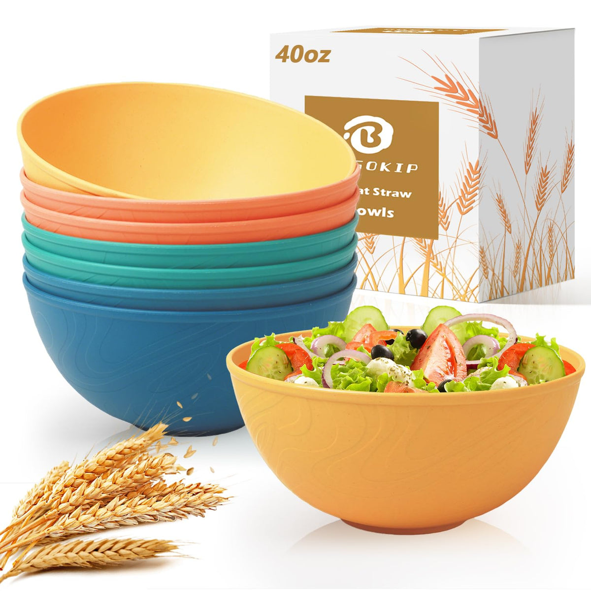 BUSOKIP 40oz wheat straw bowls 8-pack, ideal for family meals and gatherings.