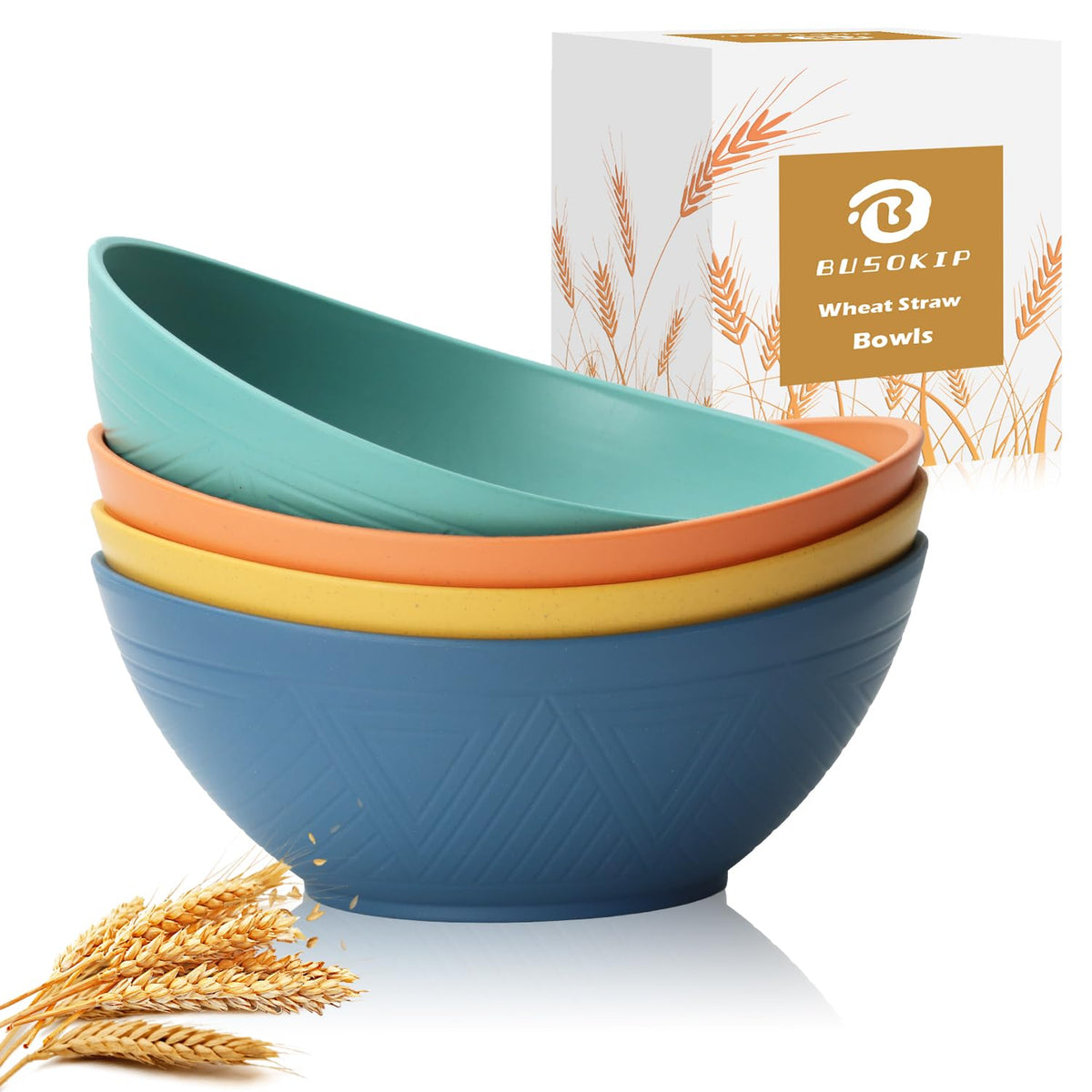 BUSOKIP 65 oz wheat straw bowls front view, durable four-piece set.