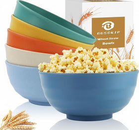 BUSOKIP wheat straw bowls 60oz in multi color, durable and family-friendly for meals.