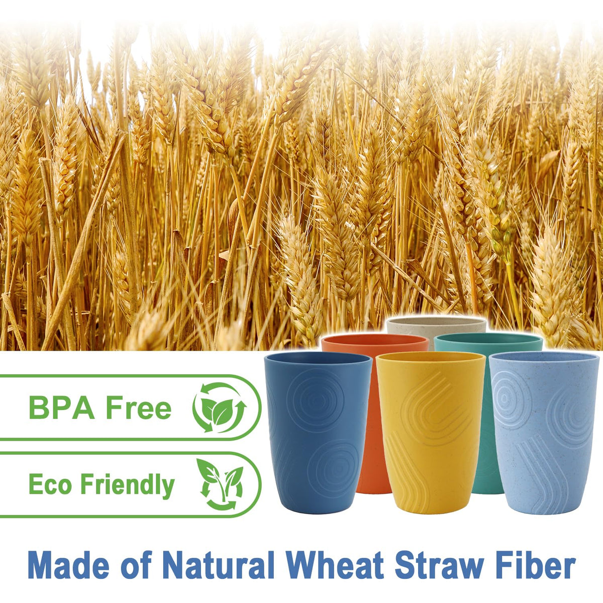 BUSOKIP 16 oz wheat straw cups with solid colors, lightweight and easy to grip.