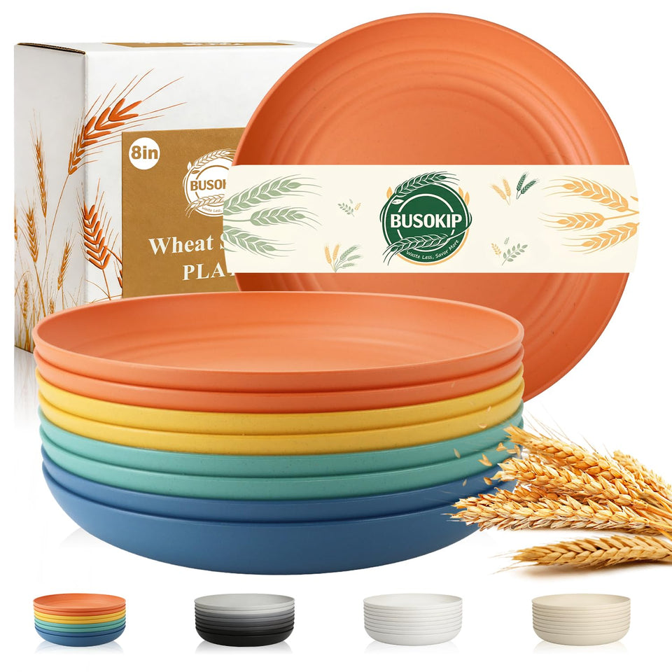 BUSOKIP Wheat Straw Plate 8inch, lightweight and durable for desserts and salads.