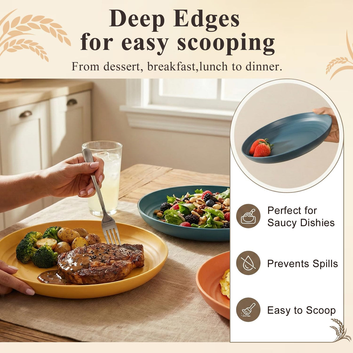 BUSOKIP wheat straw plates dishwasher safe for easy cleanup.