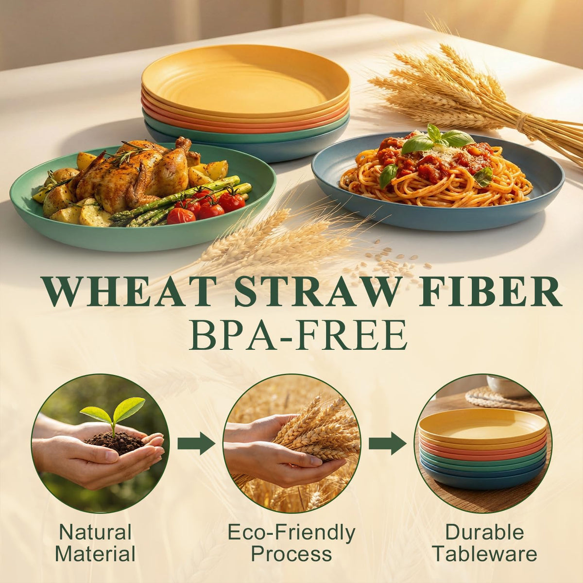 BUSOKIP wheat straw plates 10inch, microwave-safe for quick reheating and easy cleanup.
