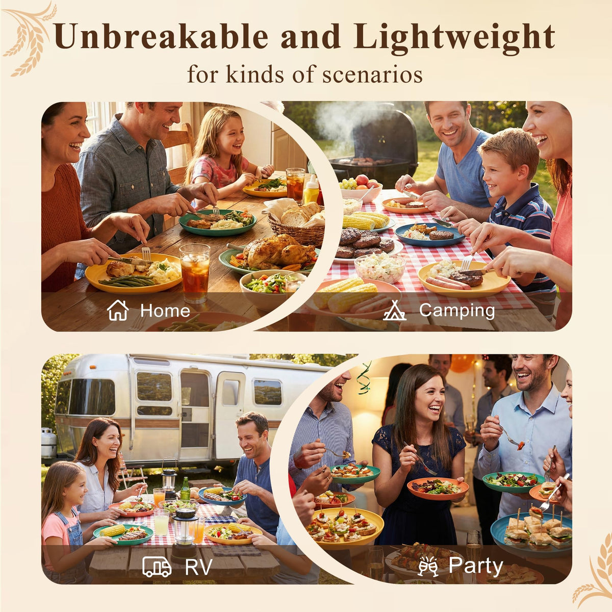 BUSOKIP wheat straw plates designed for outdoor use and family meals.