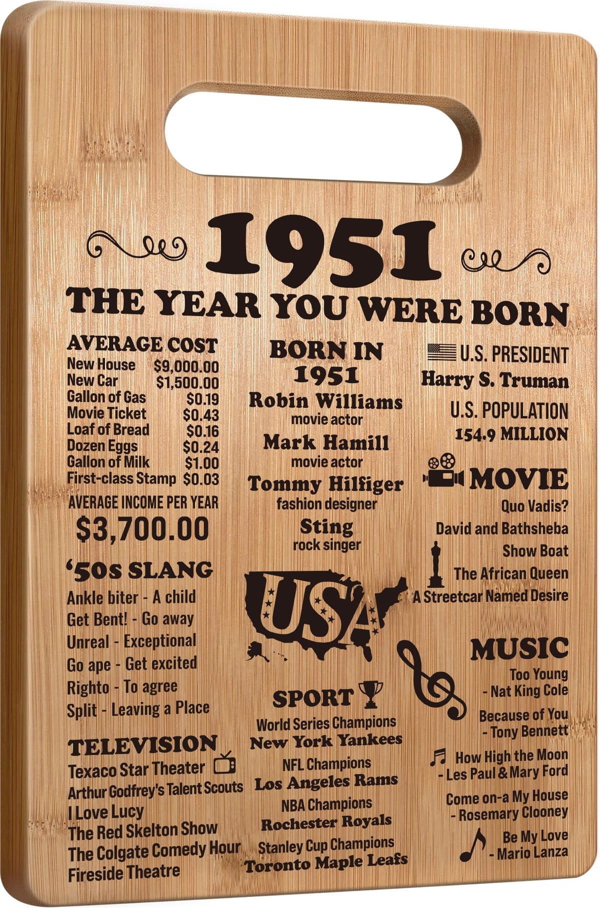 Busy Gaming Life back in 1951 cutting board, front view, ideal for kitchen display and gifting.