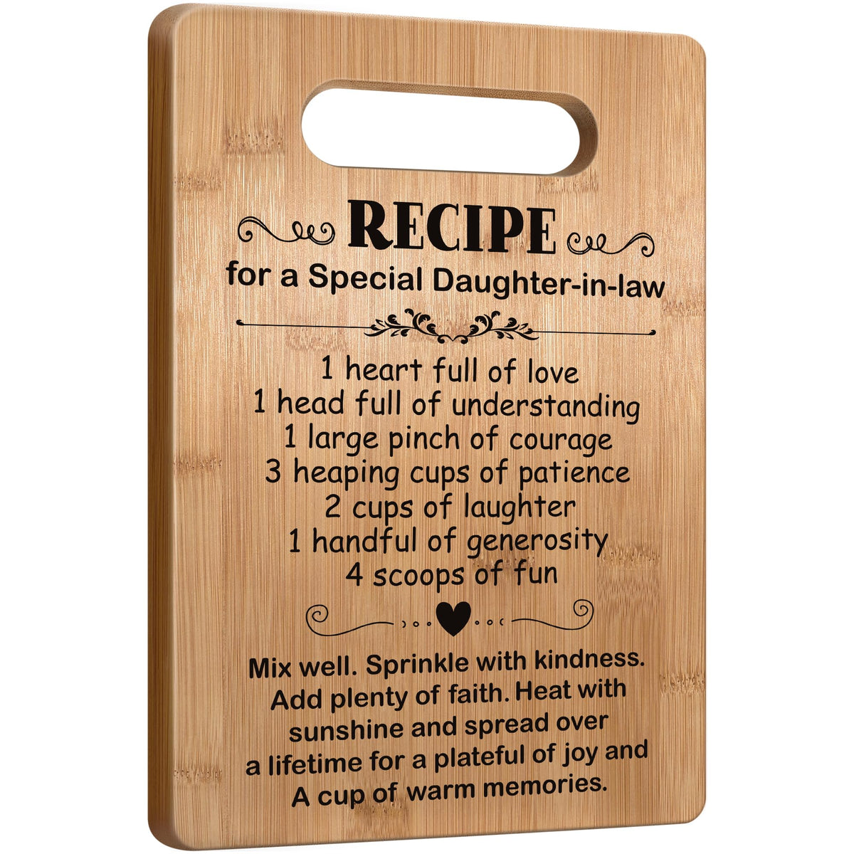 Busy Gaming Life daughter-in-law cutting board closeup, natural bamboo grain and gift-worthy presentation.