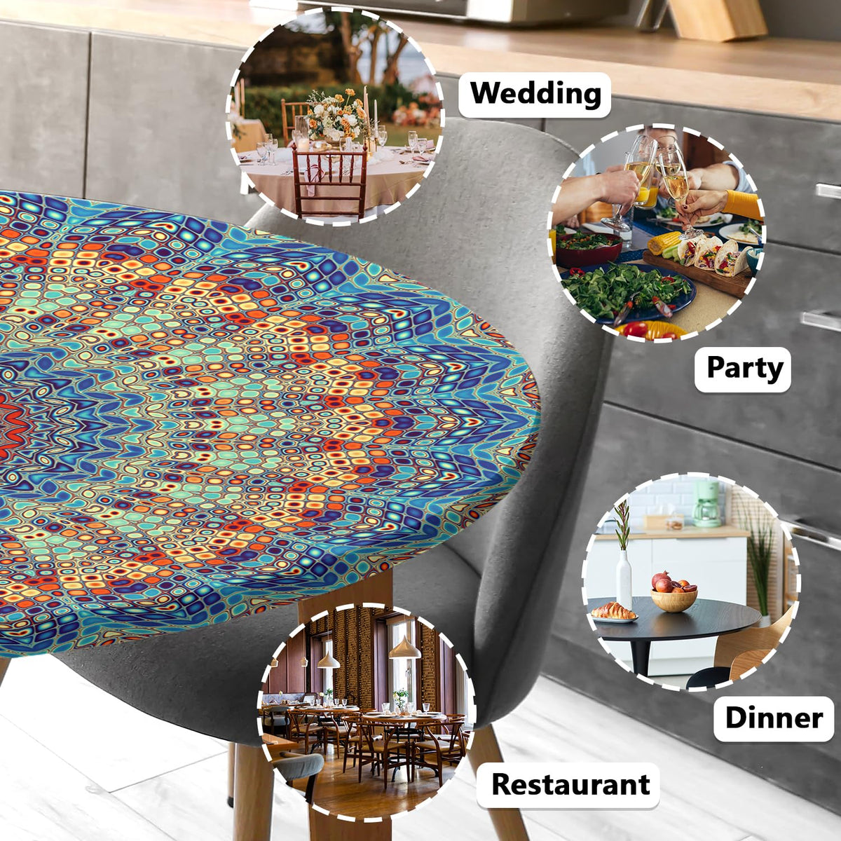 Butaluk round tablecloth enhances event aesthetics with decorative, fade-resistant print.