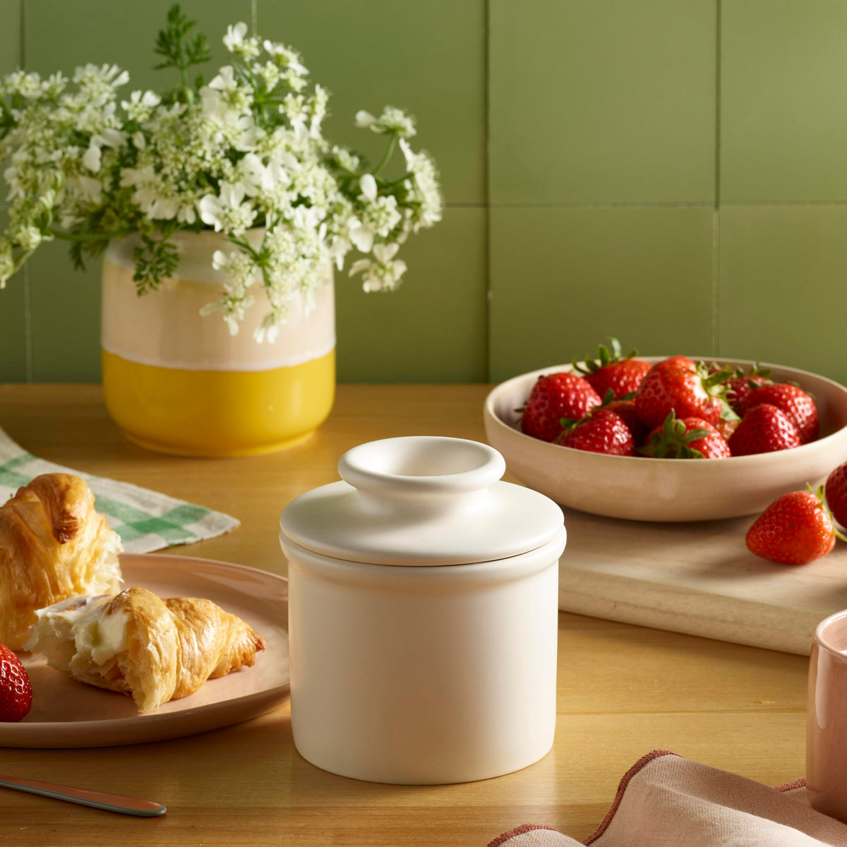 Butter Bell Ivory Matte Lid showing inverted lid design for serving butter.