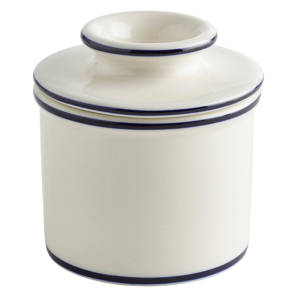 Butter Bell Le Bistro crock in white with blue trim ready for table service