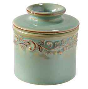 Butter Bell original crock on a counter keeps spreadable butter ready to use.