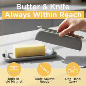 Butter Hub dish shows magnetic knife holder on lid for quick knife access