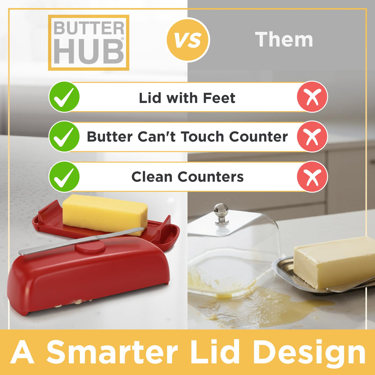 Butter Hub dish with easy scoop ramps supports effortless butter spreading