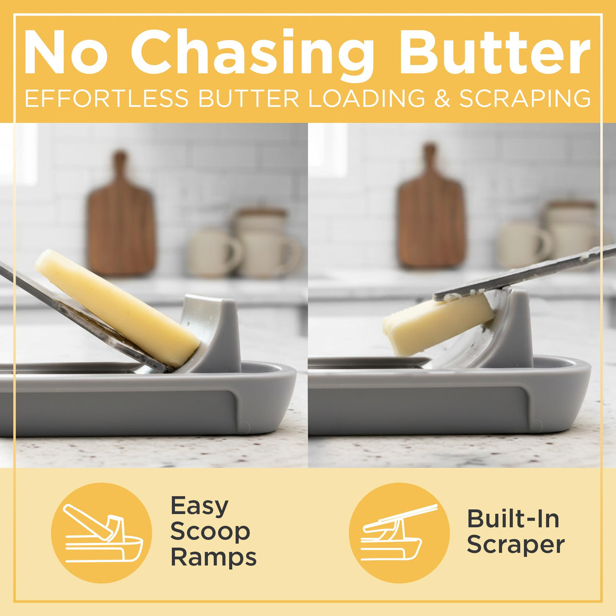 Butter Hub no-mess lid with extended feet protects countertops during use
