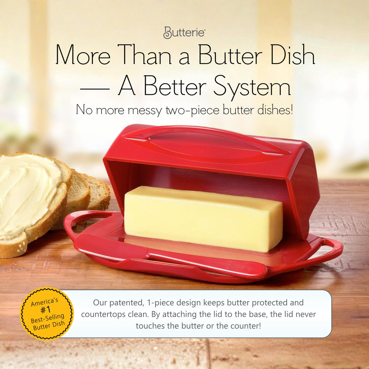 Butterie attached lid and cradle keeps mess contained while serving.