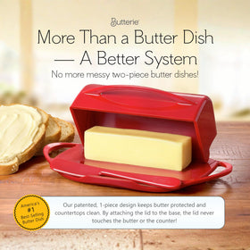 Butterie attached lid and cradle keeps mess contained while serving.