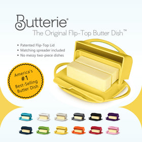 Butterie attached lid design keeps butter clean and counters tidy