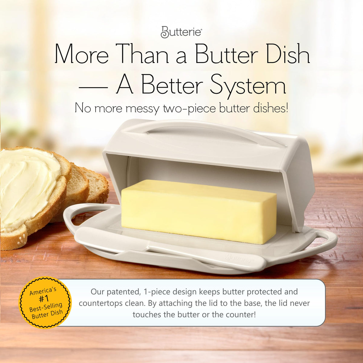 Butterie attached lid and knife cradle shown for mess-free butter serving