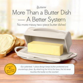 Butterie attached lid and knife cradle shown for mess-free butter serving