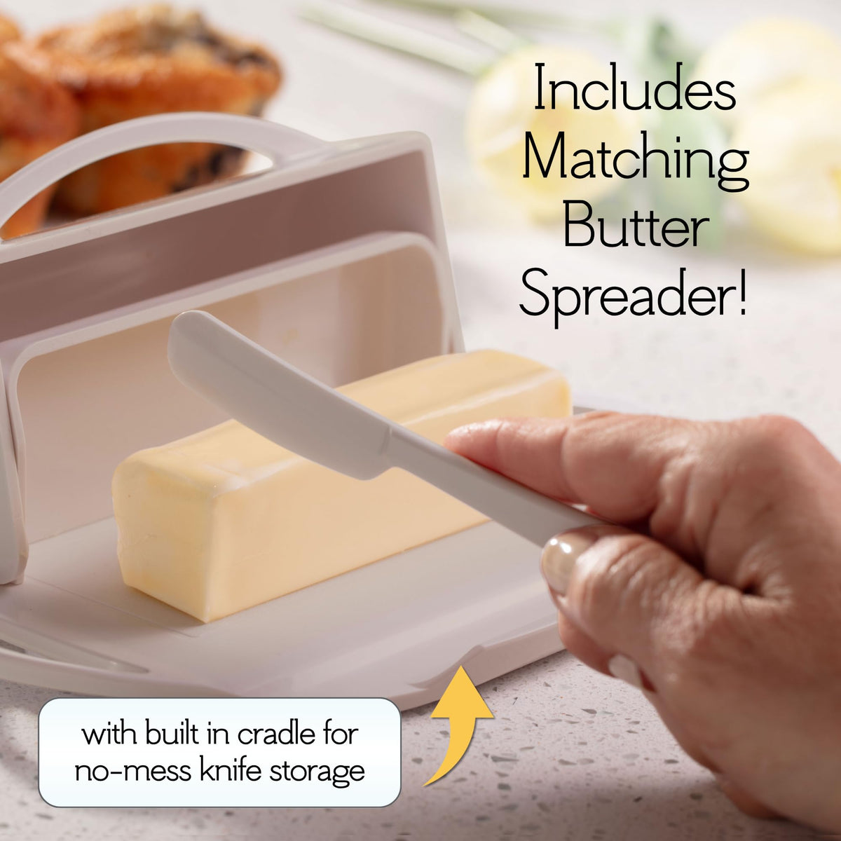 Butterie butter cradle with matching knife on a counter for quick spreading
