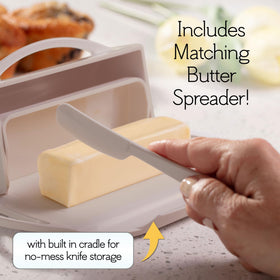 Butterie butter cradle with matching knife on a counter for quick spreading