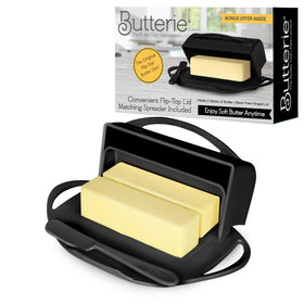 Butterie flip-top butter dish with attached lid and knife keeps butter tidy on the counter.