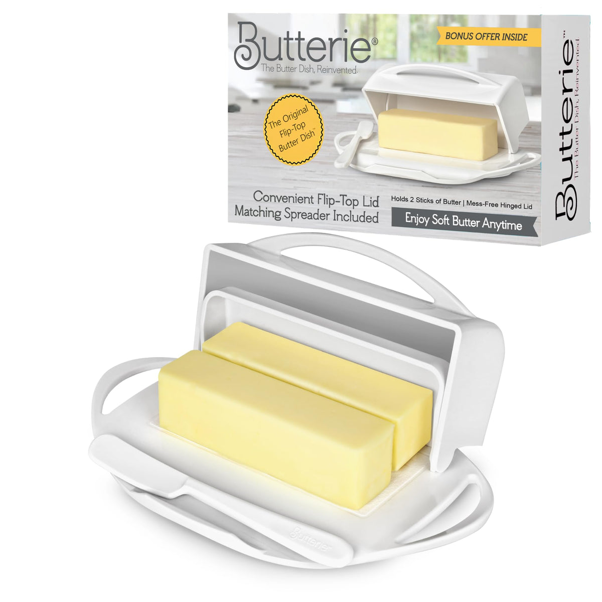 Butterie flip-top butter dish with attached lid for mess-free serving.