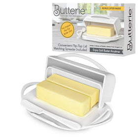 Butterie flip-top butter dish with attached lid for mess-free serving.